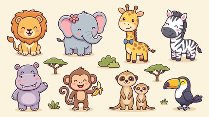 Fototapeta premium Cute Cartoon Safari Animals Collection with Lion, Elephant, Giraffe, Zebra, Hippo, Monkey, Meerkat, and Toucan