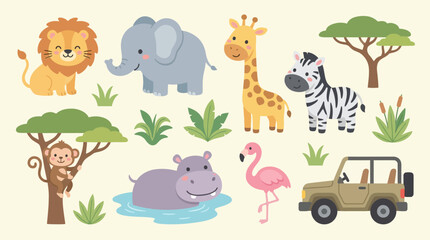 Obraz premium Cute cartoon wildlife vector set for preschool education and fun