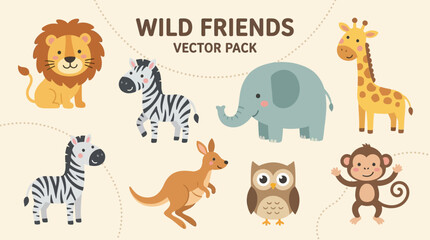 Obraz premium Cute Wild Animal Vector Pack Featuring Lion, Zebra, Elephant, Giraffe, Kangaroo, Owl, and Monkey for Educational Illustrations