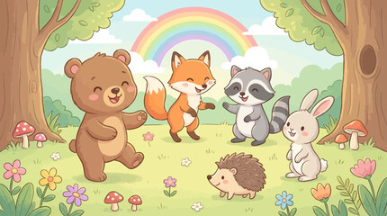 Naklejka premium Whimsical Woodland Creatures Dancing Under a Vibrant Rainbow in a Lush Meadow