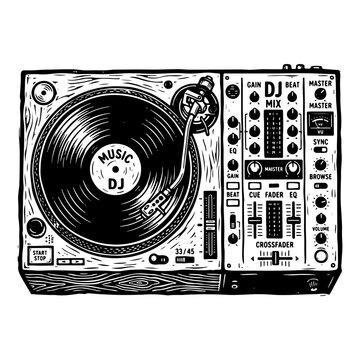 Woodcut style vector illustration of a DJ turntable with music controls and crossfader for mixing and blending tracks.