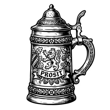 Traditional German beer stein with intricate designs and 'PROSIT' banner in a classic woodcut style.