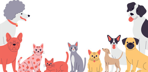 Obraz premium Cute pets vector illustration set, dogs and cats collection, domestic animals characters, flat design cartoon style