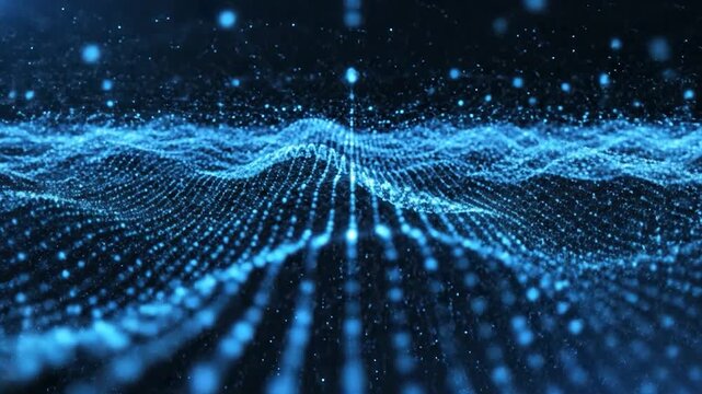 Abstract digital particles floating in space with a dark blue background. This is a modern, futuristic and technological concept for design
