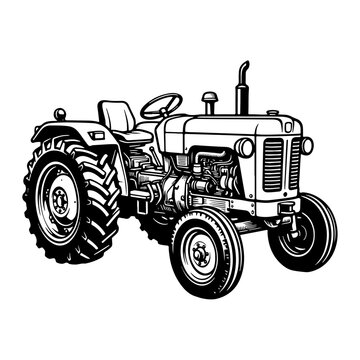 Woodcut style vector illustration of a classic tractor with large tires and detailed engine, isolated on white background, ideal for agricultural themes and rustic designs.