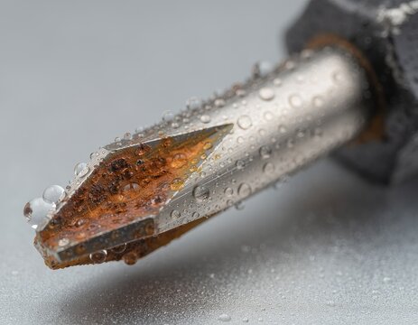 Rusty phillips head screwdriver tip showing corrosion and water drops