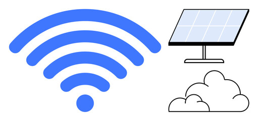 Renewable energy, technology integration, wireless connectivity, sustainable solutions, solar power systems, environmental awareness. wireless symbol, solar panel and cloud icon. Renewable energy © robu_s