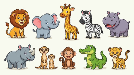 Fototapeta premium Adorable Cartoon Safari Animals Vector Illustration Pack - A Collection of Cute Zoo and Wildlife Characters