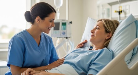 Fototapeta premium A female nurse sits beside a patient in a hospital bed. The nurse is smiling and gently touching the patient's arm.