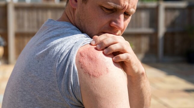 Rash on a Mans Arm Being Examined by His Hand Showing Irritation and Skin Problem Outdoors
