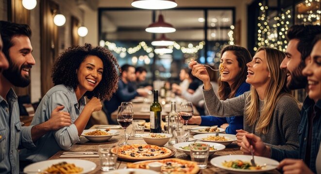 A group of diverse friends enjoy a lively dinner together at a restaurant. Several people are laughing and smiling while eating pizza and pasta.