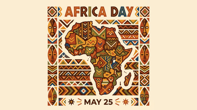 Africa Day Art Poster - May 25 Celebration with Traditional Patterns and Ethnic Masks