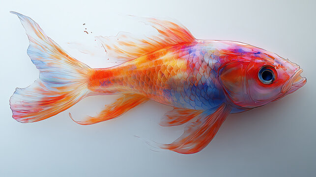 A holographic projection of an extinct Clownfish color morph, appearing lifelike and vibrant against a clean white backdrop, symbolizing the future of de-extinction technology 