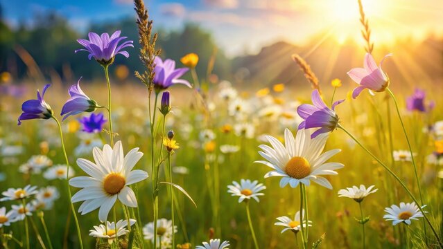 A realistic photo of A meadow scene where bellflowers mix with daisies and grasses