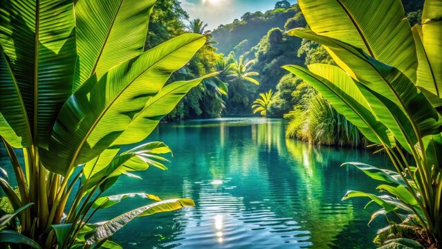A photo of lush abac Musa textilis plants swaying near a serene body of water in a tropical landscape, surrounded by vibrant green foliage and dens