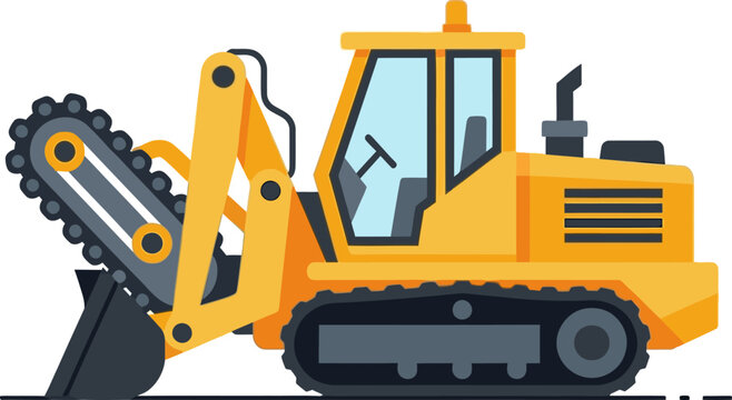 Heavy-duty yellow tracked trenching machine illustration with digging chain and front loader bucket, ideal for construction and earth-moving projects