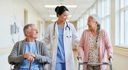 Fototapeta premium A smiling doctor and an elderly woman walk alongside an elderly man in a hospital hallway. The doctor, wearing a blue scrub uniform and stethoscope, leads the way with a warm expression.