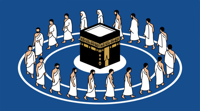 Isometric Illustration of Muslim Pilgrims Circumambulating the Kaaba in Mecca.