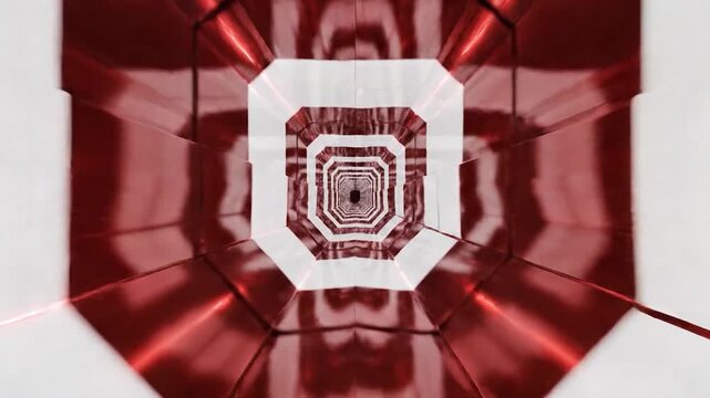 A futuristic tunnel with red and white geometric shapes and a bright light at the end, creating a sense of depth and perspective