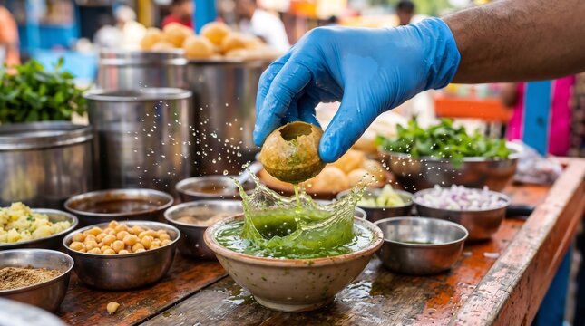 Street food vendor preparing pani puri with fresh ingredients and spices
