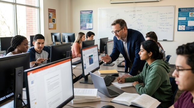 A professor guides a group of students in a computer lab. Several students are seated at desks, working on laptops and computers.