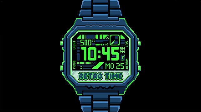 Pixel art style digital wristwatch with glowing green display.