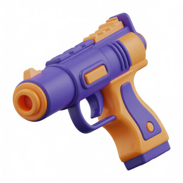 Toy space blaster gun in purple and orange plastic with futuristic on white background