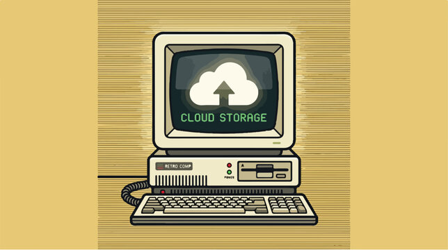 Retro Computer Displaying Cloud Storage Upload Concept.