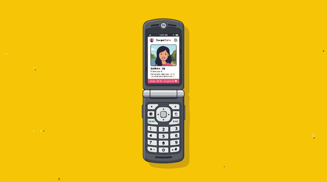 Retro flip phone with social media profile on screen against yellow background.