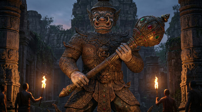 Giant Yaksha Demon Guardian Holding Staff Inside Ancient Temple with Torches