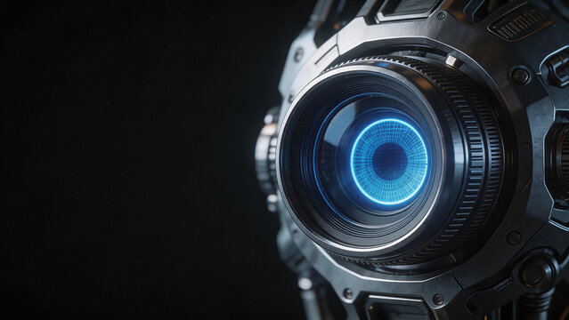 Futuristic robotic camera lens with glowing neon blue digital iris, AI computer vision and surveillance concept.