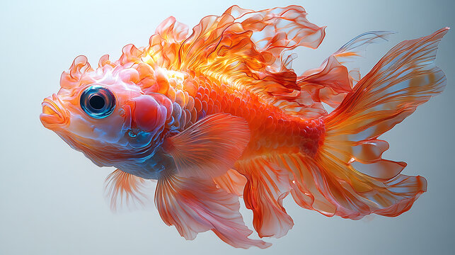 A holographic projection of an extinct Clownfish color morph, appearing lifelike and vibrant against a clean white backdrop, symbolizing the future of de-extinction technology 