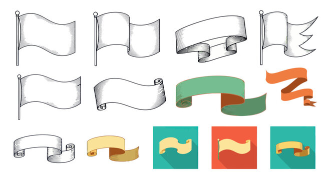 Set of Hand Drawn and Flat Design Banners and Flags