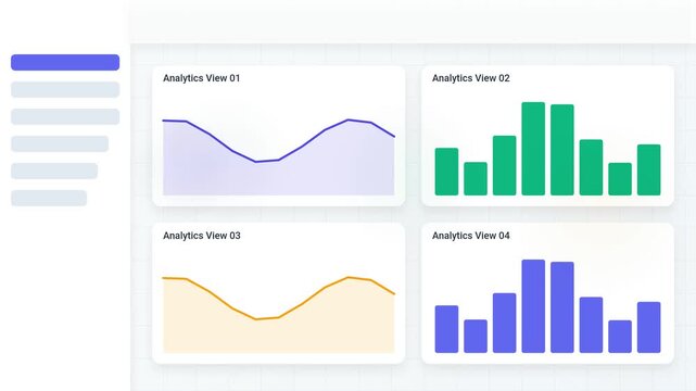 Animated business graphs and charts on a dashboard with sample data, illustrating financial analysis and statistics