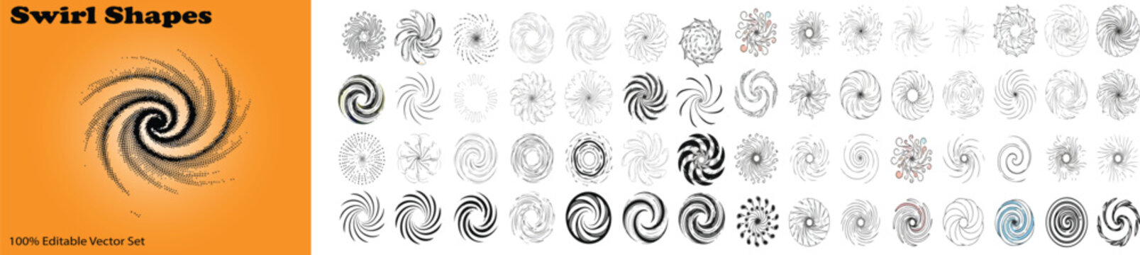 Swirl shapes collection, 100% adjustable vector set of spiral icons, geometric circular vortex elements, black abstract radial ornaments for logo design