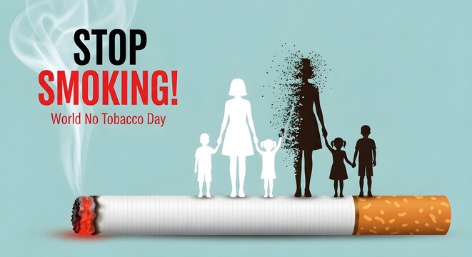 Stop smoking world no tobacco day concept with a family silhouette dissolving on a cigarette