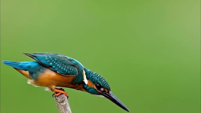 Common Kingfisher perched on a branch, vibrant blue and orange bird hunting in nature, Alcedo atthis wildlife cinematography on green background