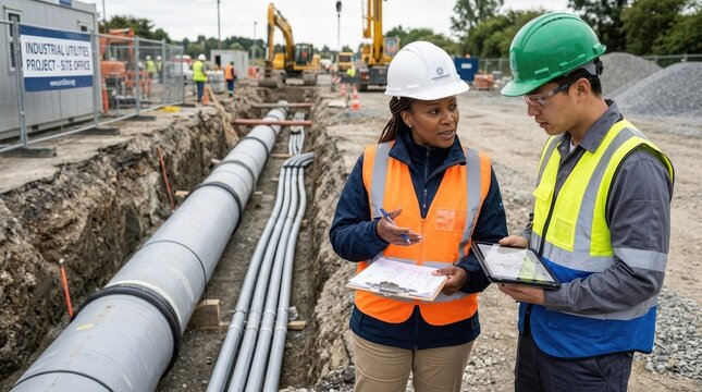 A woman and a man are inspecting a construction site.