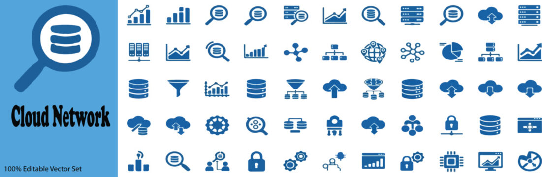 Cloud network icon set, blue data analytics and server database symbols, flat technology vector collection for business infographics and web design