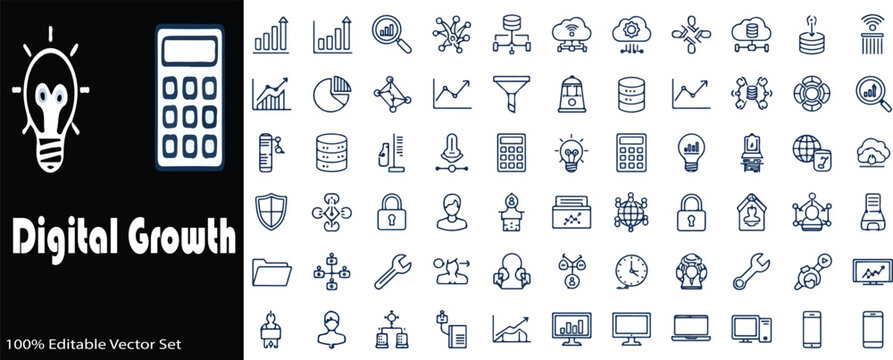 Digital Growth business icon set, 60 financial and marketing line icons, editable vector collection for data analysis and corporate strategy