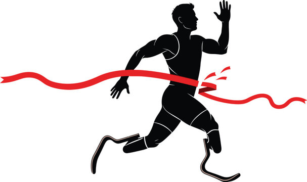 Athletic amputee runner with prosthetic legs breaks through the finish line tape in a dynamic illustration of triumph and athletic achievement