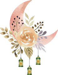 Watercolor crescent moon with floral arrangement and lanterns © nabilahcholila