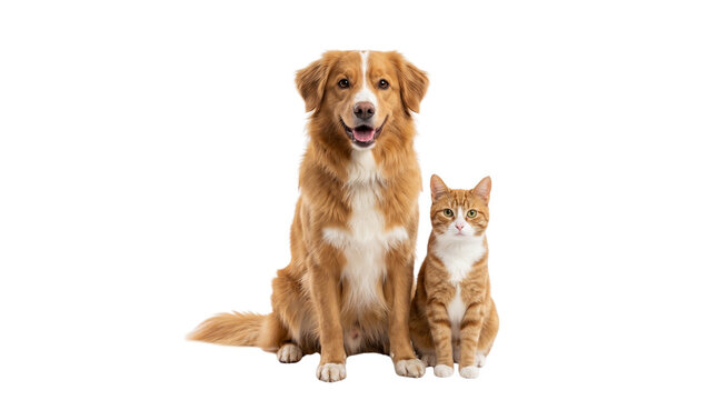 Golden retriever mix dog and ginger tabby cat sitting together, friendly domestic pets posing, adorable animal companions for veterinary and pet care isolated on Transparent Background