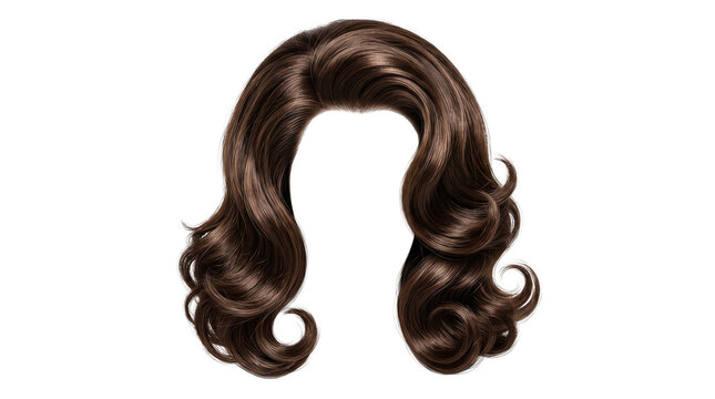 Brunette wavy hair wig with voluminous curls, shiny brown female hairstyle for beauty salon branding, elegant long wavy hair texture isolated on Transparent Background