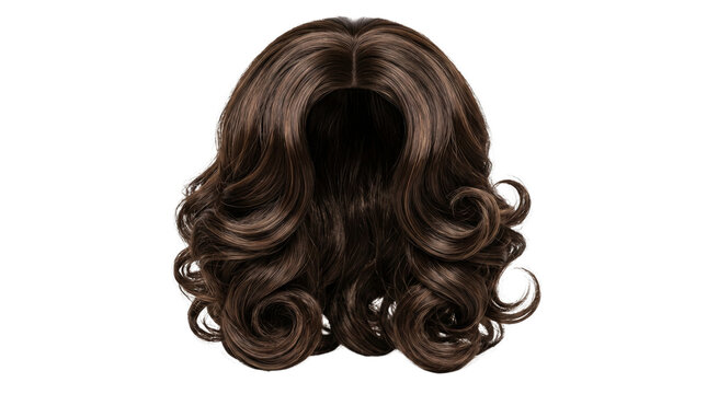 Voluminous brown wig with elegant curls, wavy brunette hairstyle for fashion and beauty, glossy synthetic hair extension for cosplay isolated on Transparent Background