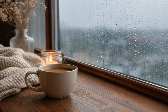 雨の日 くつろぎ コーヒー 窓 のストックフォト