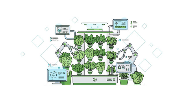 Infographic illustration of a smart garden system with various plants, sensors, and monitors on a clean white background.