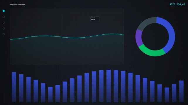Animated data visualization with line graph, bar chart, and circular progress indicator on a black background.