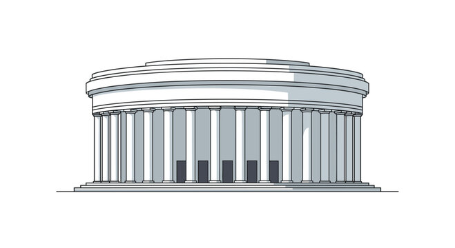 A circular neoclassical building featuring a continuous row of white columns and a flat roof is depicted in a clean architectural illustration style.