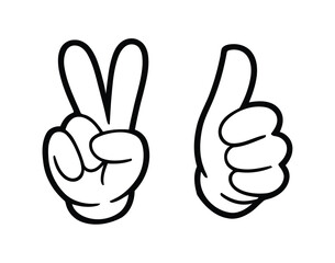 Retro cartoon hand gesture set, vector illustration collection of expressive hand signs including peace, thumbs up, pointing, and victory gestures in playful vintage style for stickers, icons, and gra © Khoteza